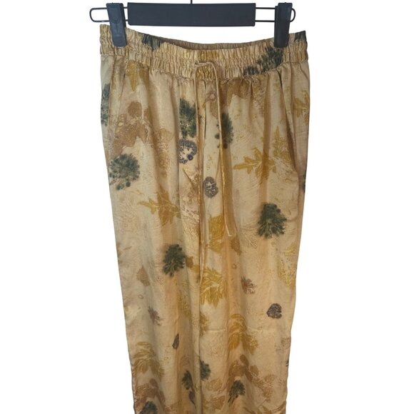 2/$30 ZARA Small 100% Silk Drawstring Pants Gold Floral Print Elastic Waist - Picture 9 of 15